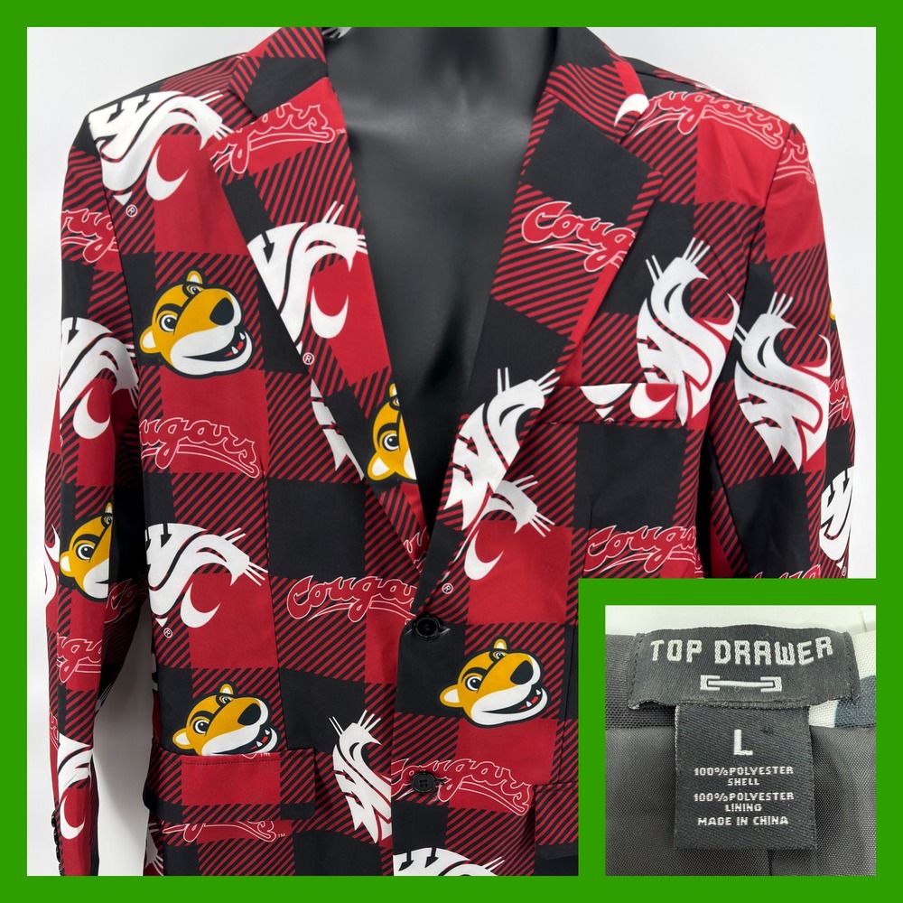 WSU Cougars Blazer Jacket Mens Large Top Drawer Washington State Buffalo Plaid L